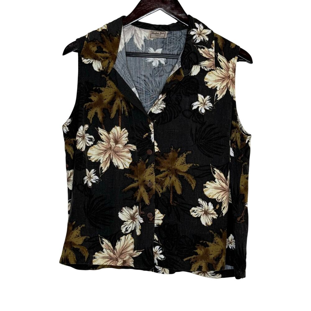Aloha Hut Hawaii Rayon‎ Tank Top Size L Black Floral Hawaiian Tropical Y2K